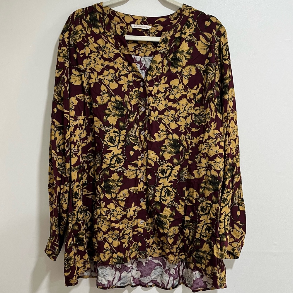 Soft Surroundings Burgundy and Gold Floral Tunic Blouse